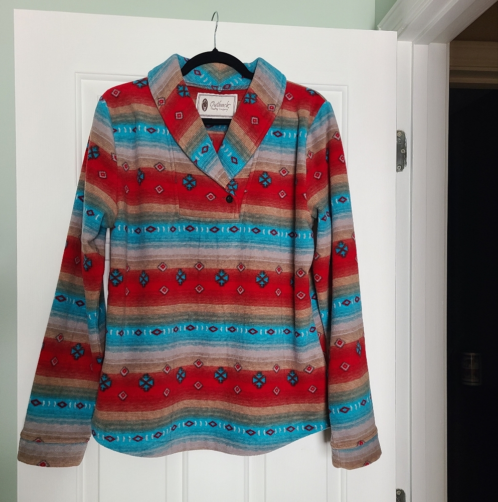 Outback Trading Co. Colorful Aztec  Pullover, ladies size large.